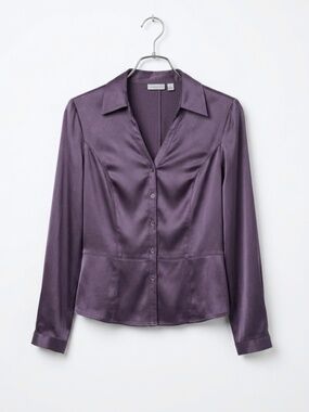 SEMANTIKS Silk Blend Lavender Peplum Satin Button Blouse - Petite Small